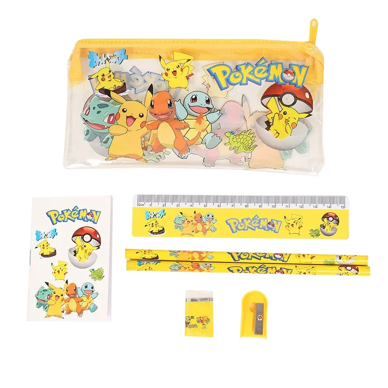 

New Pokemon Anime Stationary Set Pikachu Cartoon Pencil Ruler Eraser Pencil Sharpener Mini Notebook Set Student Figure Toys Gift
