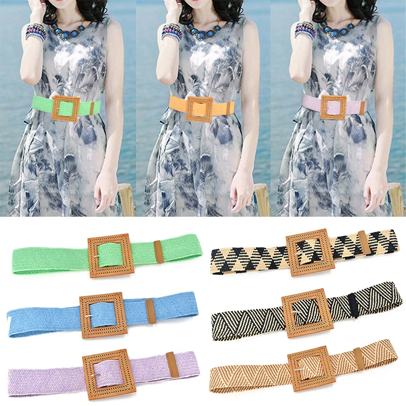 

1Pcs Braided Belt For Women Bohemian Straw Wide Belts Stretch Cummerbunds With Wood Square Buckle Dress Decorative Waistbands