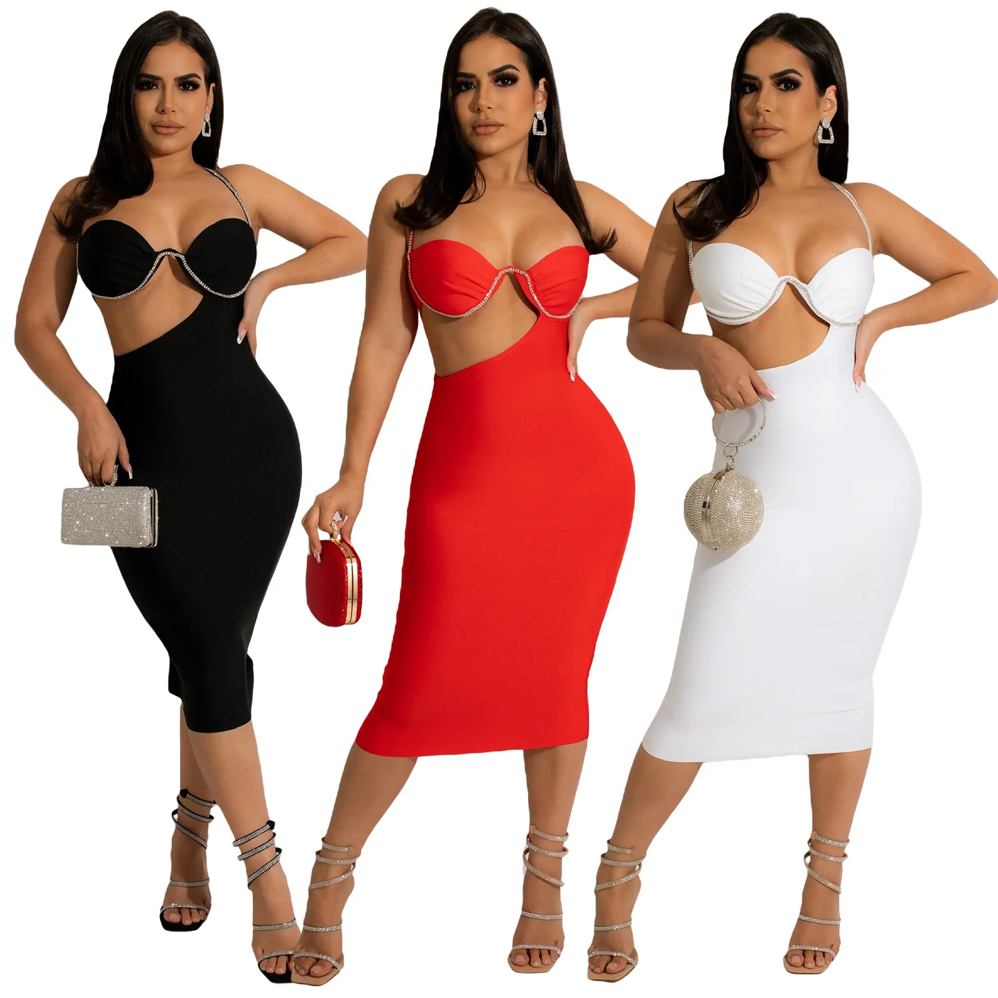 

Sexy Cut out Bra Party Dress Summer Spaghetti Strap Bodycon Long Dresses Women Birthday Dresses Hot Rhinestone Clubwear