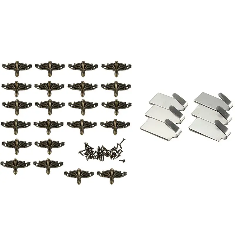 

6Pcs Stainless Steel Self Adhesive Stick Wall Hook Hanger With 30 PCS Jewelry Box Feet Leg Wood Case Corner Protector