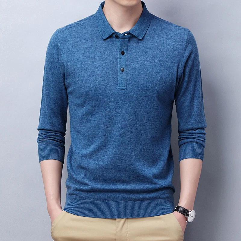 

Cashmere sweater men's Lapel knit backing shirt thin 100% wool spring and autumn knitted T-shirt