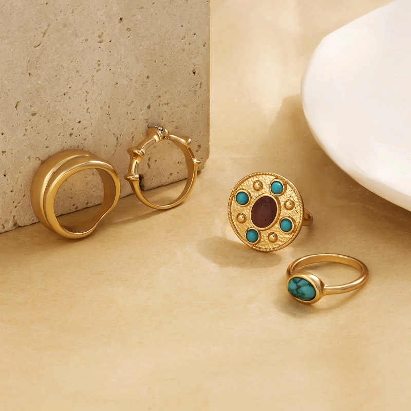 

Fashion Jewelry Set Rings 2022 New Trend Popular Style Metal Golden Color Blue Resin Composite Stone Finger Rings For Women Gift