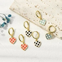 2022 new fashion women lovely colorful oil drip square checkerboard heart drop earring women party color stitching heart earring
