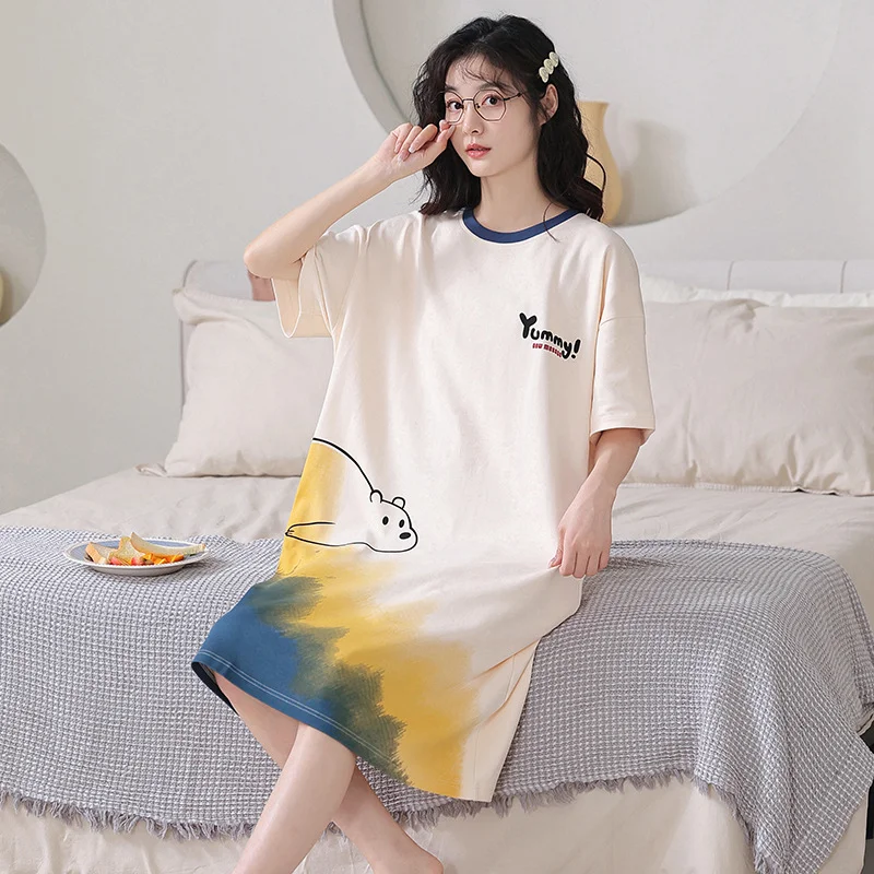 New summer women's pajamas cute short-sleeved nightdress cartoon large size summer dress home service can be worn outside