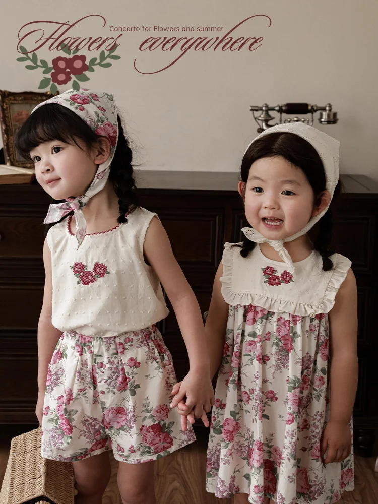 

Girls' Dress Set Fashion Rose Print Summer New Baby Embroidered Top Shorts Trend