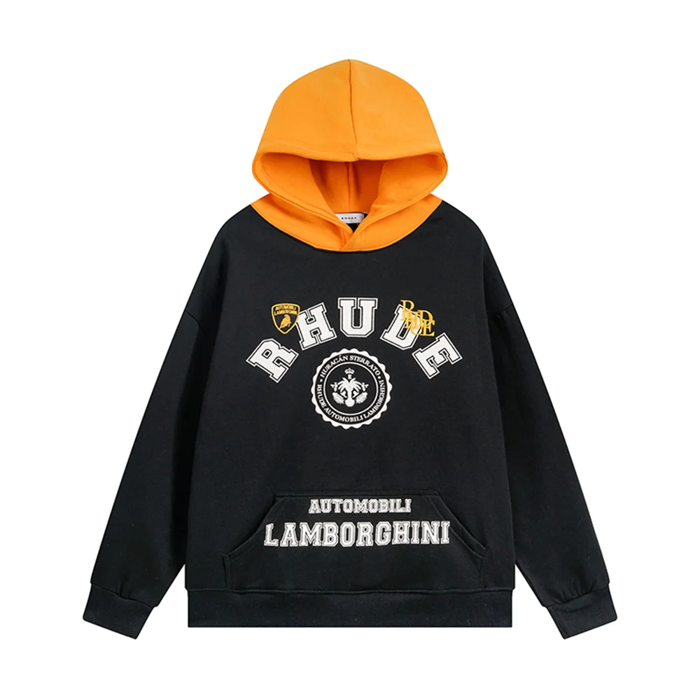 

2023ss RHUDE Autumn Winter New Vintage Splicing Letter Print Hoodie Men Women Couple Thicken Hip Hop Loose Hooded Pullover