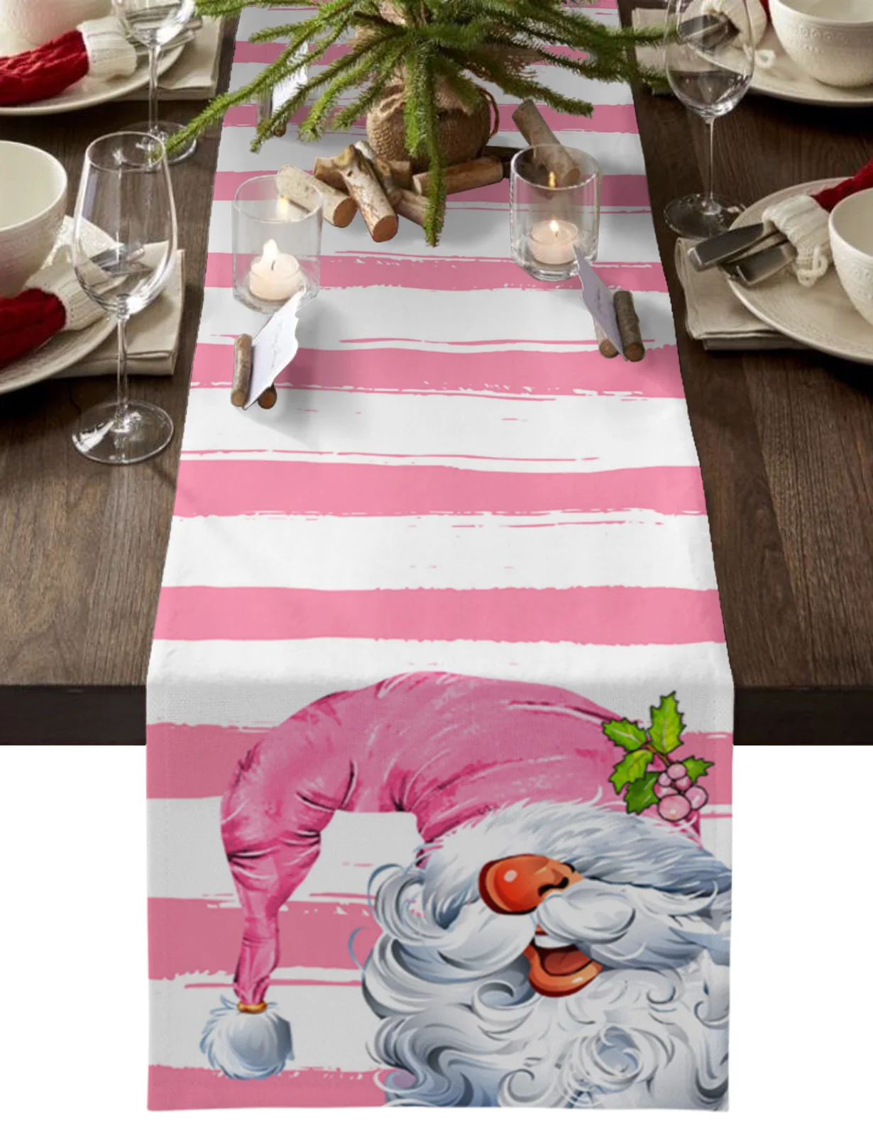 

Christmas Pink Striped Dwarf Pine Nut Hat Table Runner Wedding Party Dining Table Cover Placemat Napkin Home Kitchen Decoration