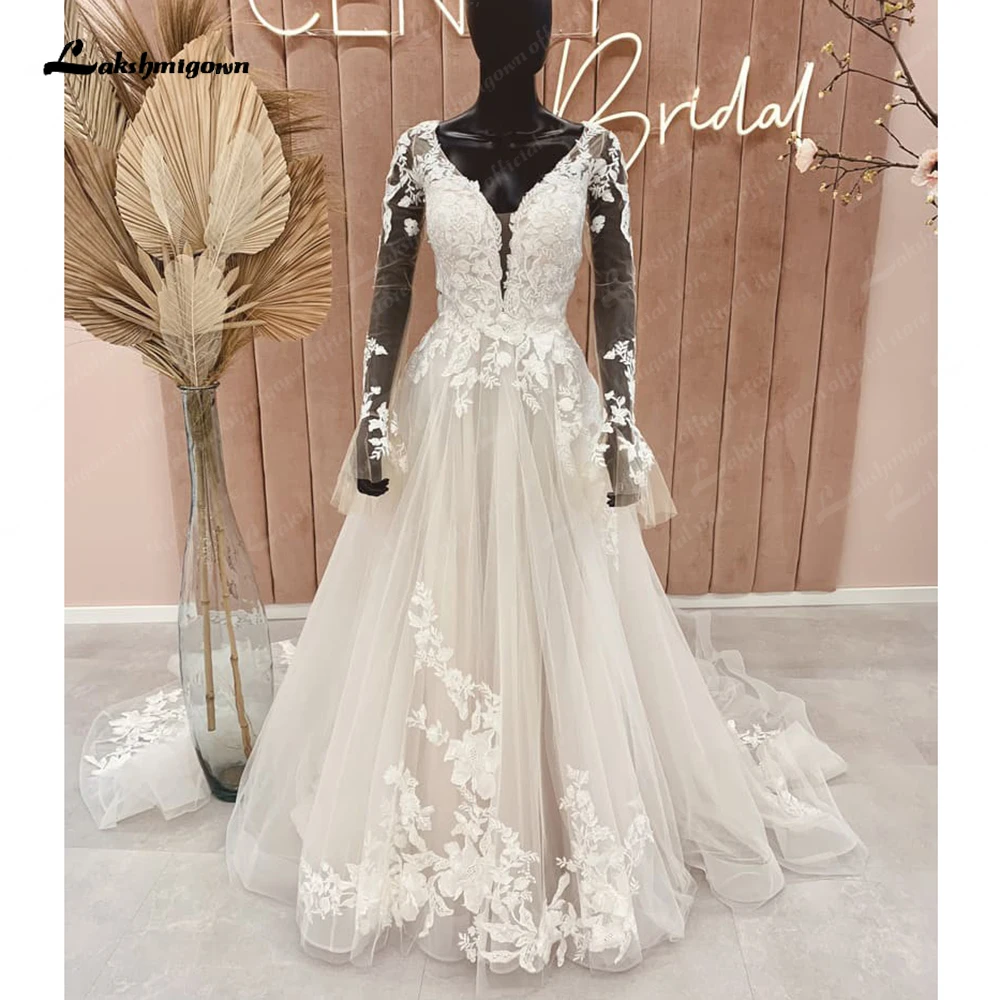 

Lakshmigown Robe Mariage Long Sleeve Full Lace Appliques V Neck Backless Wedding Dress 2023 Civil Bridal Gowns vestido de novia