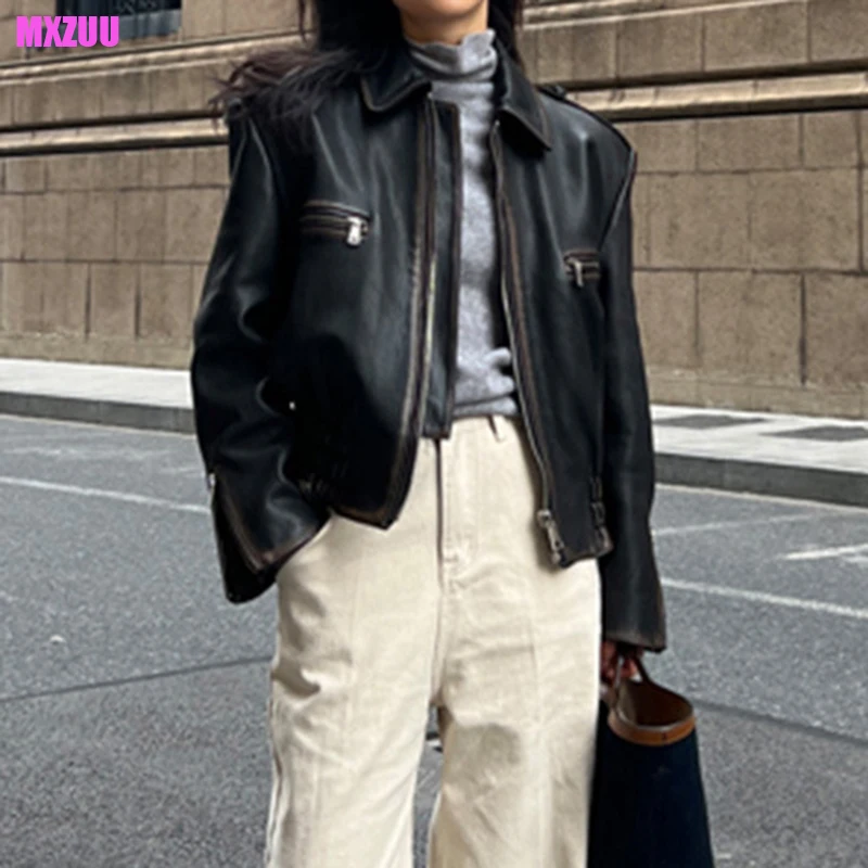 Куртка-бомбер женская из натуральной кожи короткий свободный пиджак воловьей