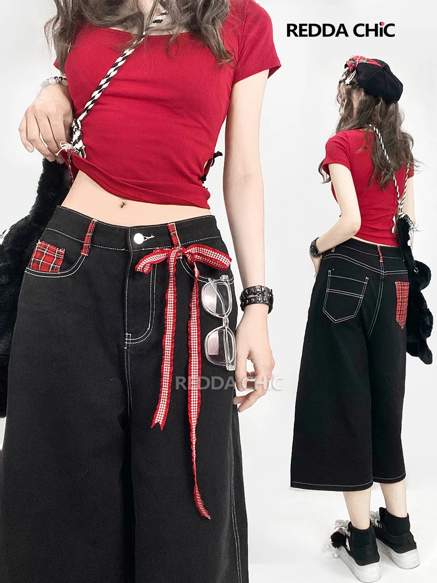 Женские свободные джинсы REDDACHiC красные клетчатые лоскутные с низкой посадкой