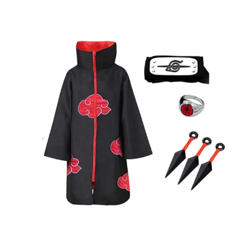 

4 Pcs Costume Akatsuki Cloak Cosplay Sasuke Ring Cape Cosplay Red cloud Rob Clothing Cosplay costume For Adult And Kids