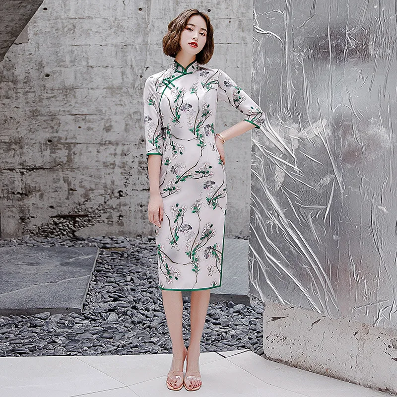 Женское винтажное платье-Ципао на пуговицах ТРАПЕЦИЕВИДНОЕ ПЛАТЬЕ в китайском