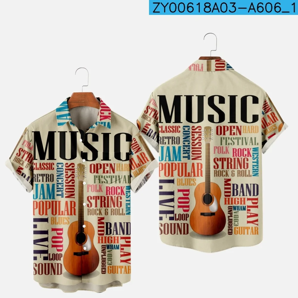 Men's Fashion Summer T-Shirts Hawaiian Music Patterns 3d Print Cozy Casual One Button Shirts Short Sleeve Beach Oversized Shirts