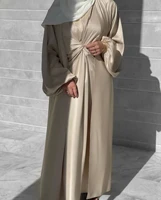 muslim satin abaya 2 piece set hijab wrap dressopen abayas kimono women islamic clothes dubai turkey modest matching outfits