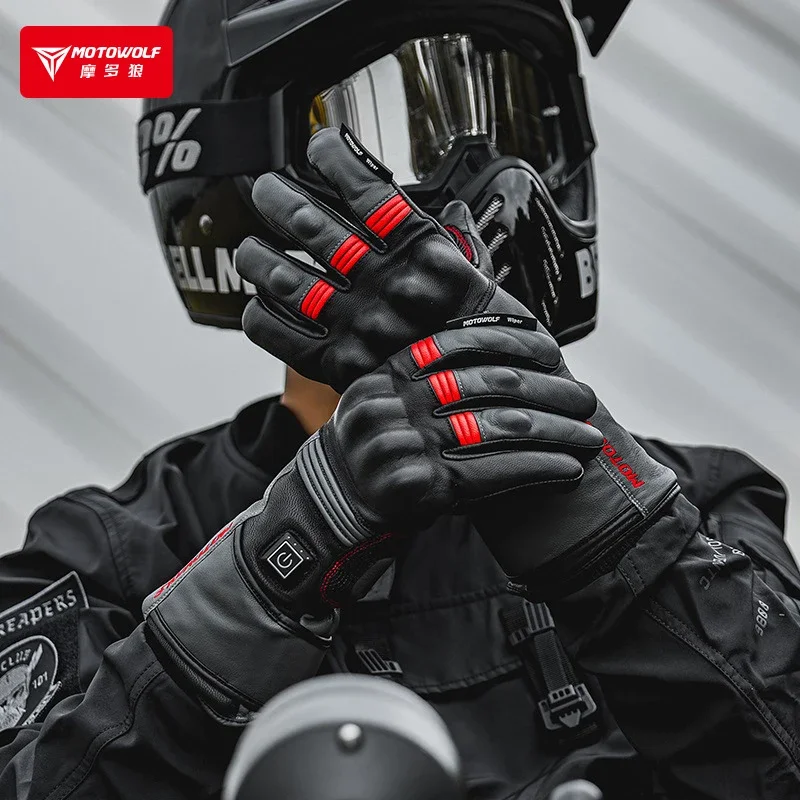 

Motorcycle Heated Gloves Winter Moto Heated Leather Gloves Warm Waterproof Rechargeable Heating Thermal Touch Screen Gloves