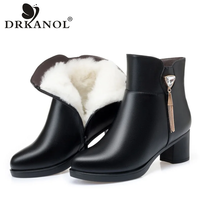 

DRKANOL Plus Size 42 43 Fashion Women Boots Natural Wool thick High Heel Rhinestones Ankle Boots For Women Winter Warm Fur Shoes