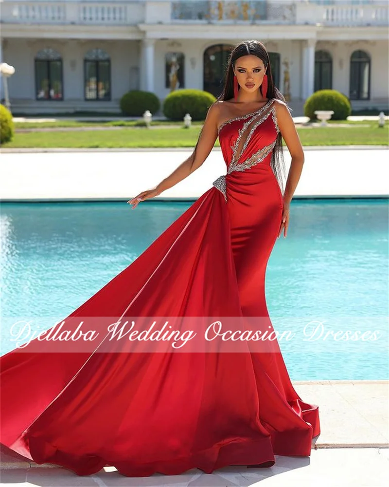 

Женское вечернее платье-Русалка со шлейфом, элегантное красное платье без рукавов с бусинами, платье для вечеринки, 2022
