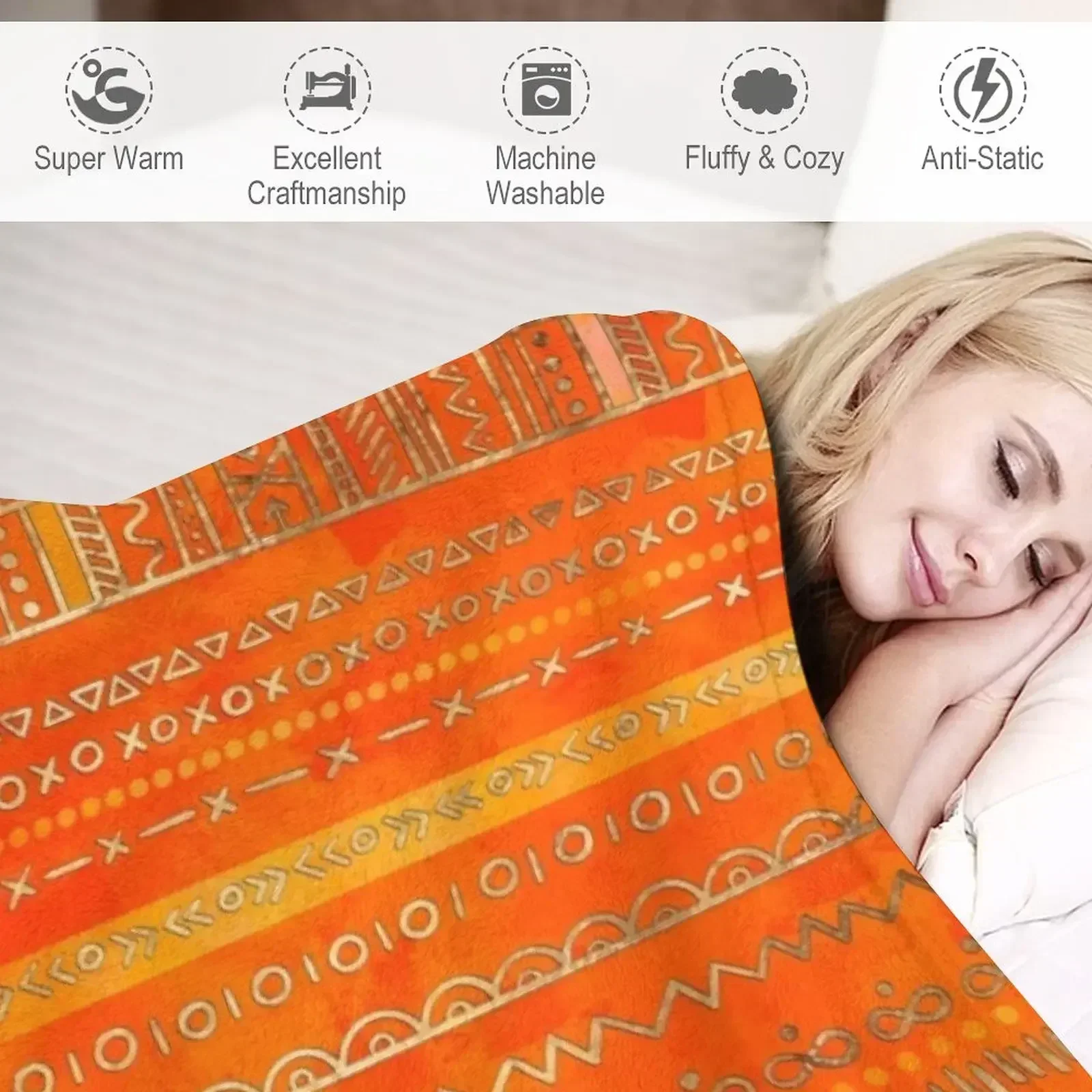 Племенный этнический узор золото на ярко-оранжевом плед декоративные кровати