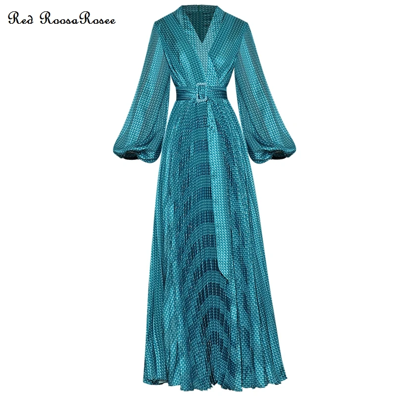 

Вечерние-макси с V-образным вырезом, длинным рукавом-фонариком и поясом