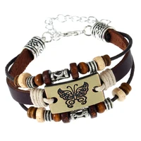european and american punk hand beaded men leather bracelet stainless steel butterfly design bracelet adjustable couple jewelry