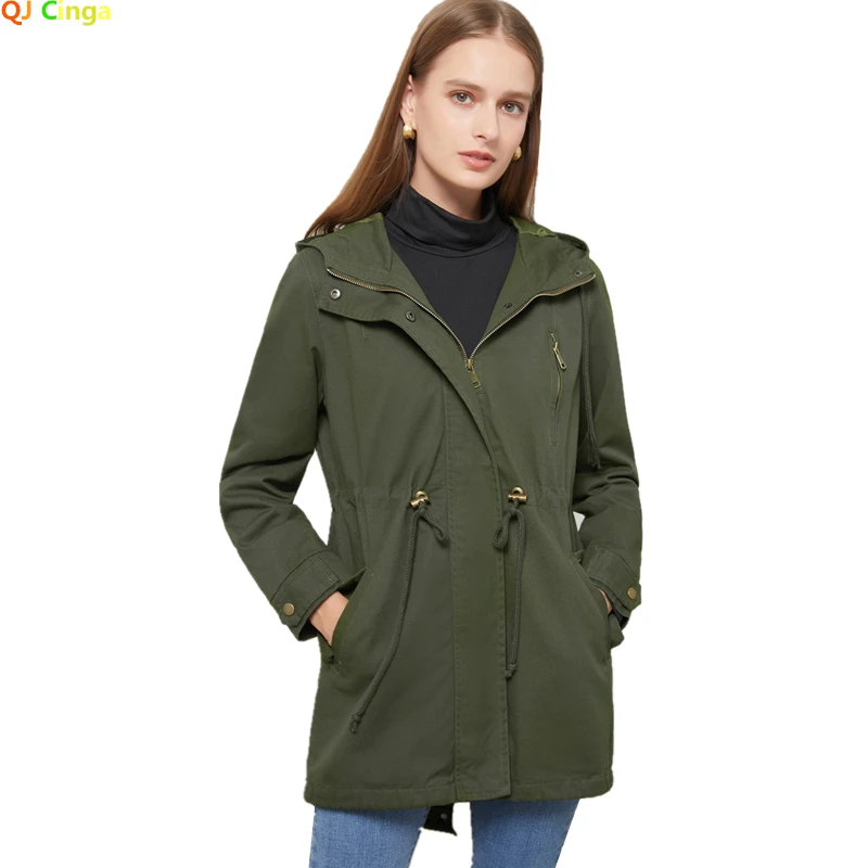 

Женский плащ с капюшоном, длинная офисная куртка черного и серого цвета на молнии с длинным рукавом, Повседневная хлопковая ветровка, новинка 2023