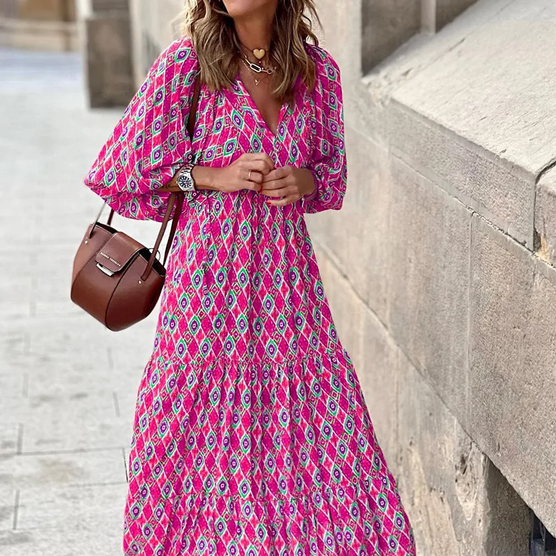 

Women's fashion mid length bohemian printed high waist dress in spring and summer 2023
