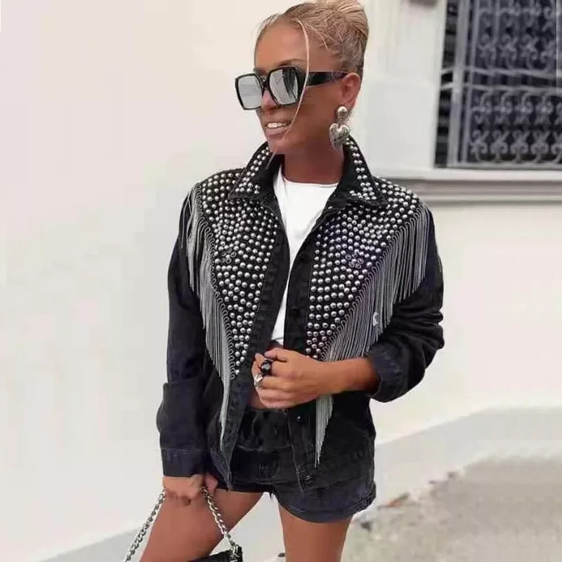 

2023New denim jacket metal winter jacket women stud streetwear womens jackets and coats winter coat