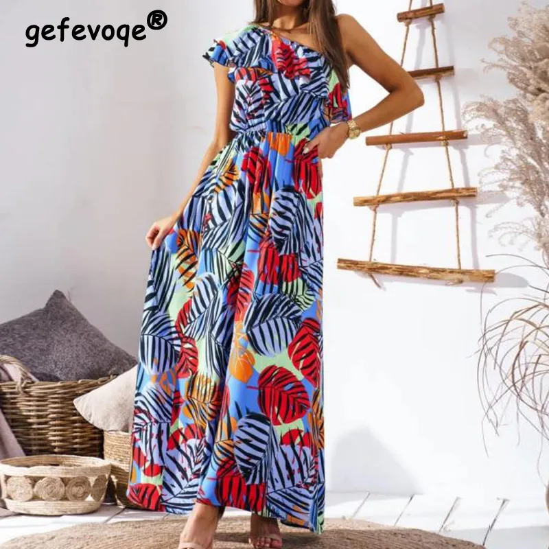 

Summer Vacation Boho Sexy Off Shoulder Print Elegant Party Long Dresses for Women 2022 Ruffles Tunic Beach Maxi Dress Robe Femme
