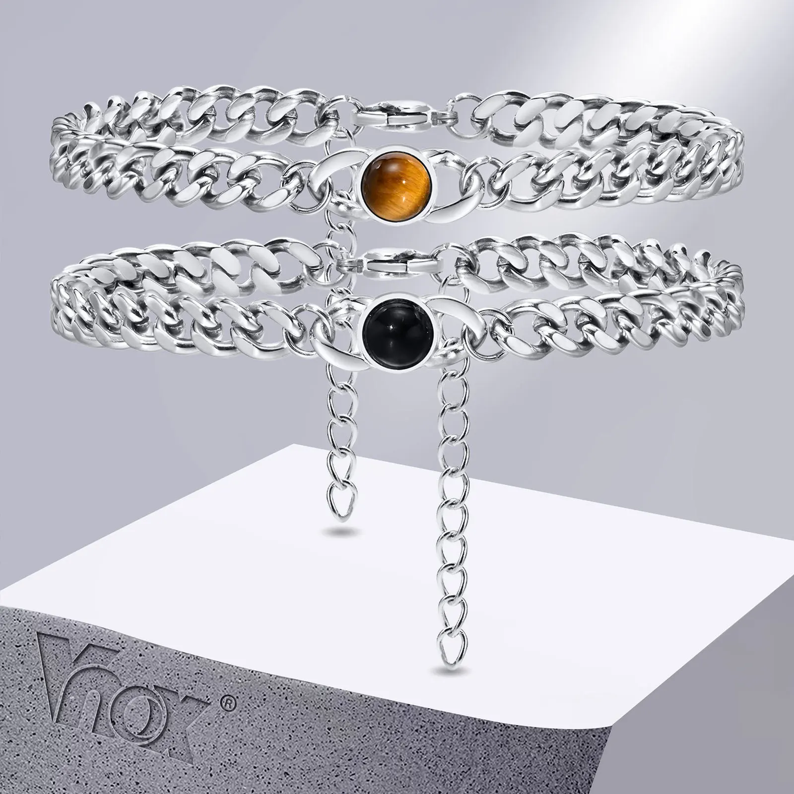 

Vnox Men Cuban Chain Bracelets, Never Fade Stainless Steel Miami Curb Links with 6mm Agate Tiger Eye Bead, Casual Simple Jewelry
