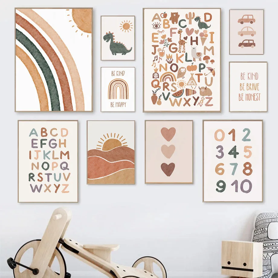

Boho Rainbow Dinosaur Love Alphabet ABC Wall Art Canvas Painting Nordic Posters And Prints Wall Pictures Kids Baby Room Decor