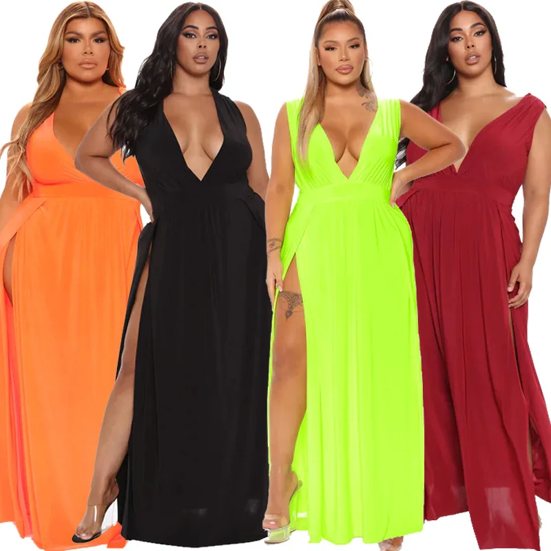 

Black Maxi Long Dress New 2022 Summer Sleeveless V-Neck Big Swing Split Sexy Women Dress Party Night Club Holiday Wear Robes
