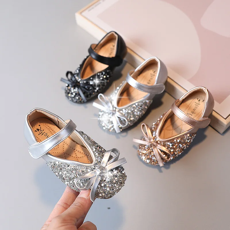 

2022 Summer Baby Girls Leather Shoes Kids Rhinestone Bowtie Birthday Party Princess Shoes Soft Sole Children Student Shoes