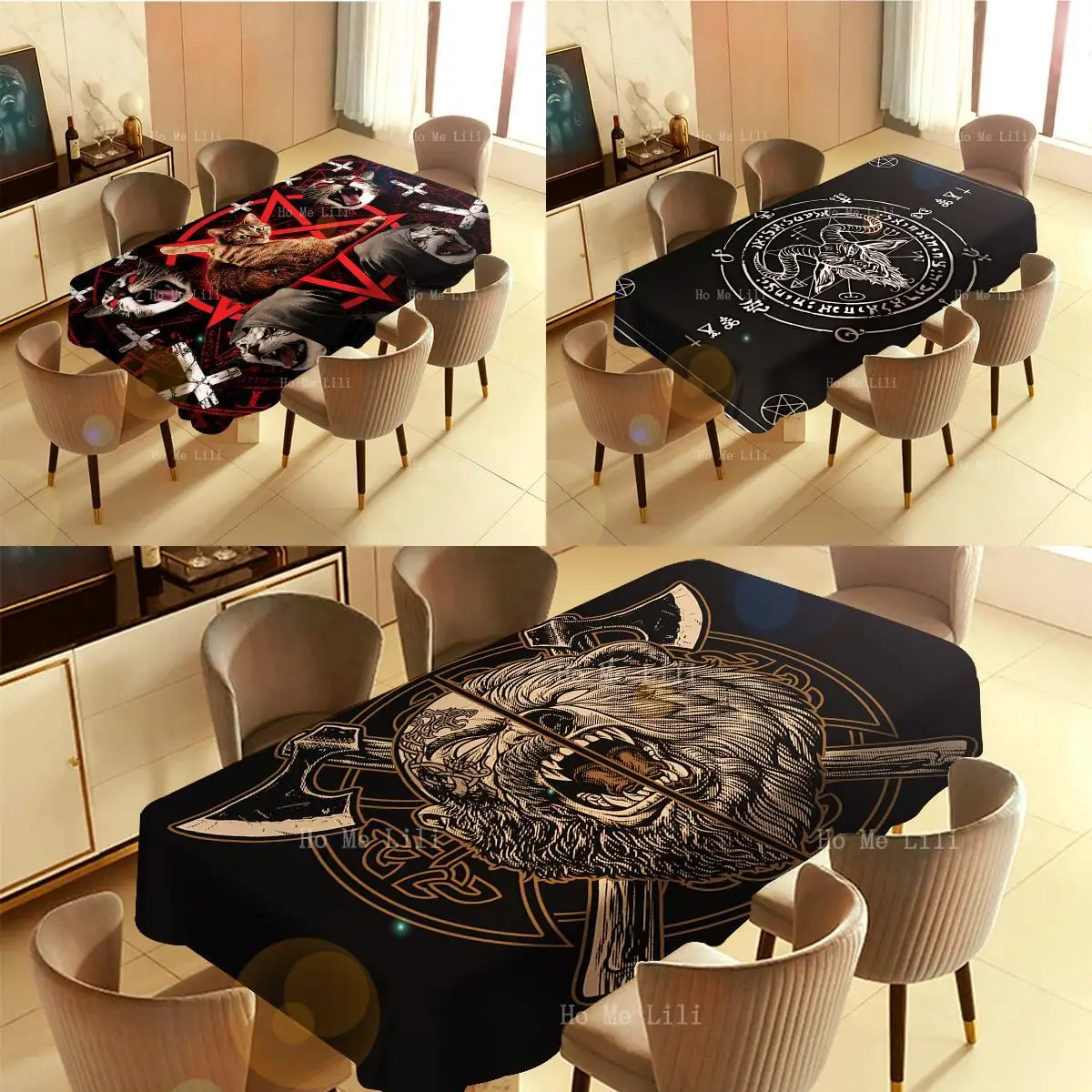 

Retro Satanic Cat Pentagram Death Art. Black Skull. Roaring Bear Head.Rectangle Tablecloth For Tabletop Decor
