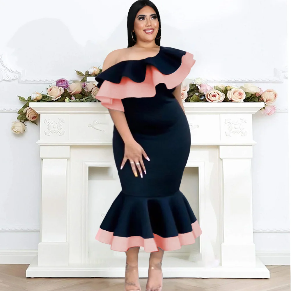 

Large Plus Size Women Dresses One Shoulder Open Back Ruffle Skirt Collar High Waist Slim Fishtail Skirt Dress Women's Dress
