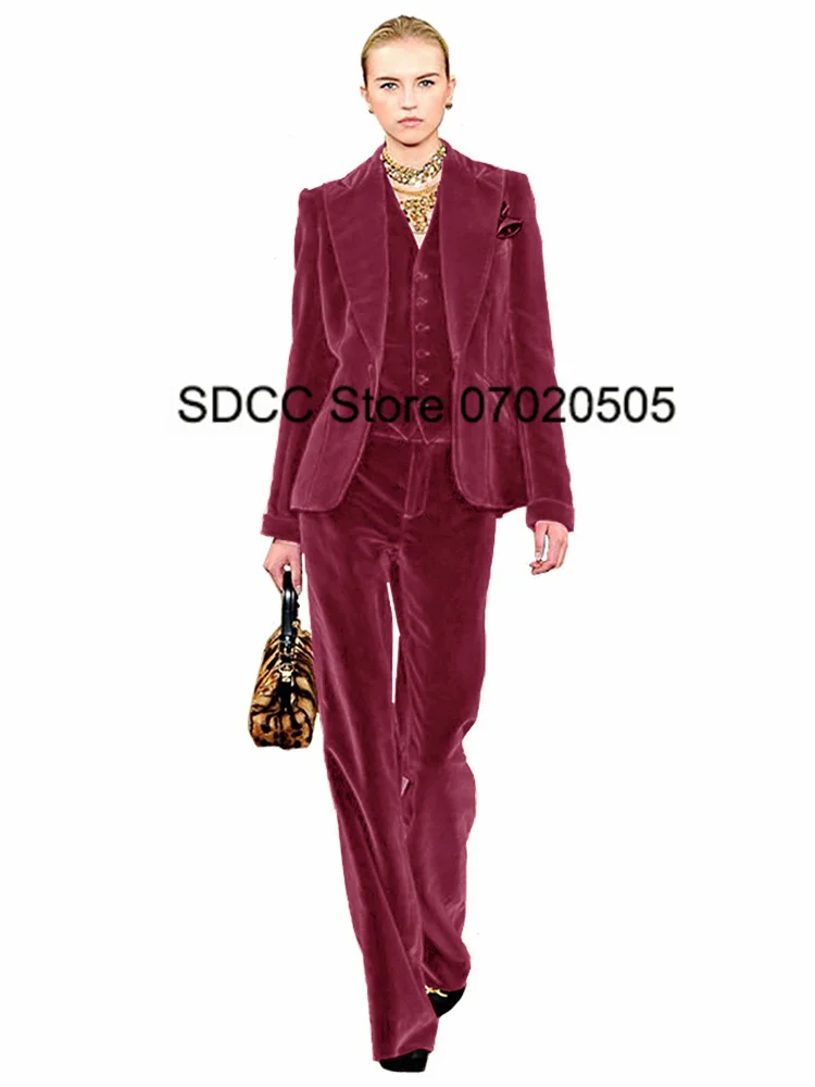 Velvet Women'S Suit 3-Piece Set Lapel Collar Single-Breasted Dress Wedding Commuter Custom-Made Lady  Blazer Vest  Pant