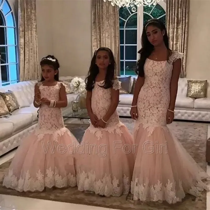 

Lace Floor Length Kids Formal Wear Tulle Mermaid 2022 Cute Little Girl Dresses Popular Flower Girl Wedding Dresses