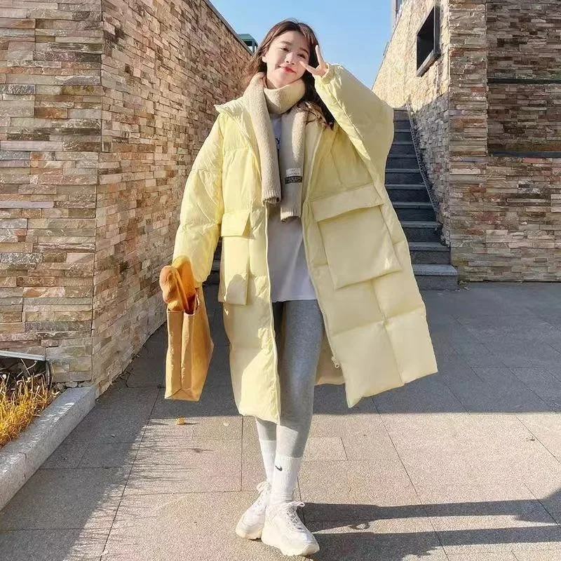 New Solid Color Long Straight Winter Coat Casual Women Parkas Clothes Hooded Stylish Winter Jacket Female Outerwear