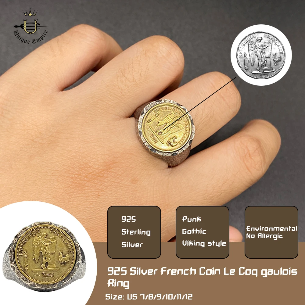 Кольцо с французской монетой из стерлингового серебра 925 пробы античное золото
