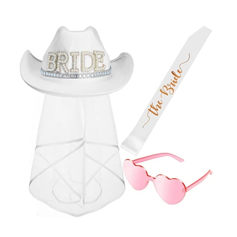 

White Adult Cowboy Hat Pink Heart Sunglasses Shoulder Wraps Wedding Cowboy Tools