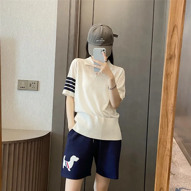 

Korean Style TB Back Star Puppy Medal Polo Shirt Casual Knitted Wool Short-sleeved All-match T-shirt Female Spring and Summer
