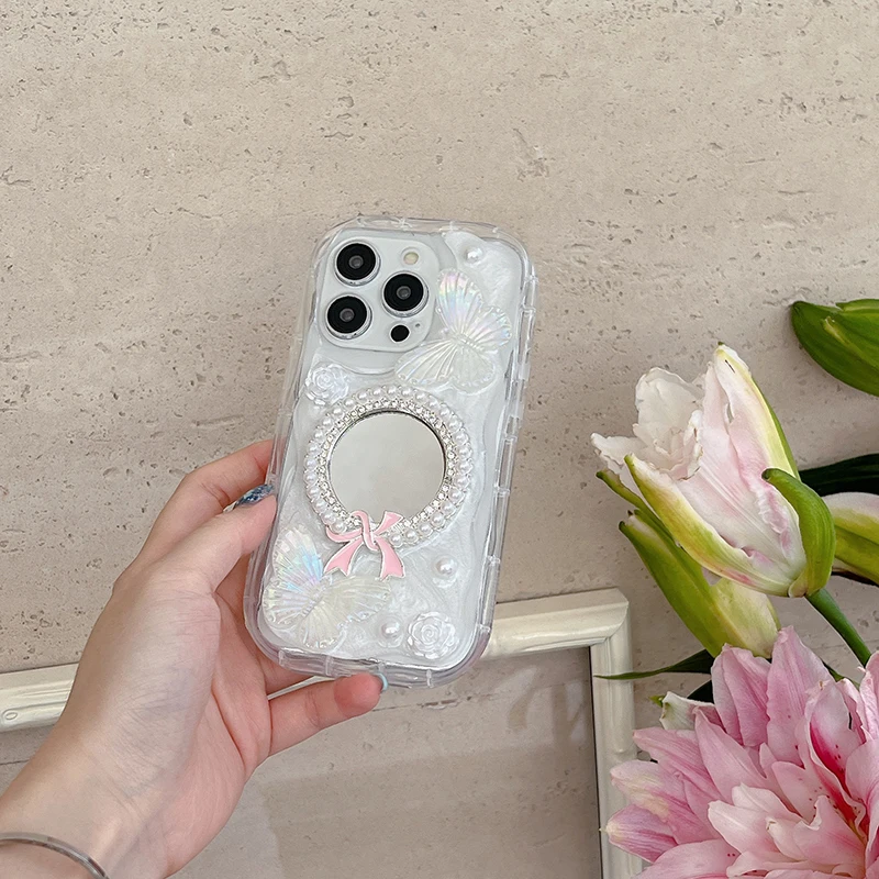 Корейский INS милый чехол для телефона с 3D бабочкой и жемчугом iphone 16 15 14 13 Pro 12 11 Max plus