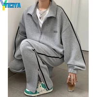 yiciya 2022 woman tracksuits grey zipper sweatshirt embroidery sport trouser suit female loose leisure two piece running suits