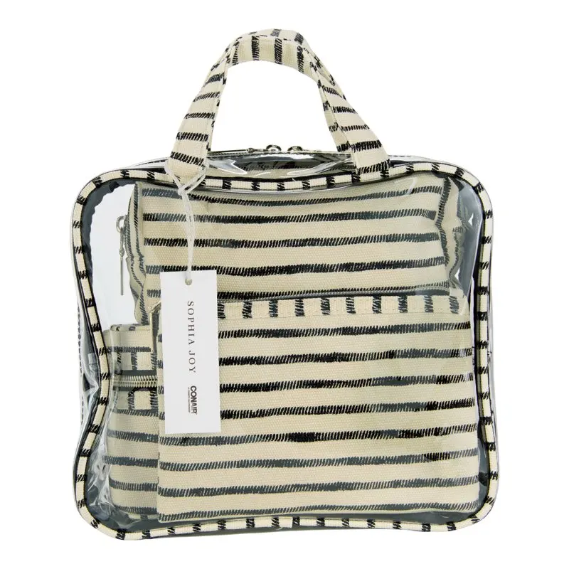 4-Piece Multi-Use Organizer Bag Set for Makeup, Toiletries, and Accessories. Includes Striped Canvas Flat Zipper Pouch, Train Ca