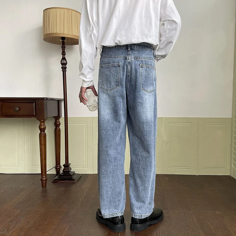 Korean Style Blue Jeans Men's Fashion Casual Straight Jeans Men Streetwear Loose Wide Legs Denim Pants Mens Trousers S-XL