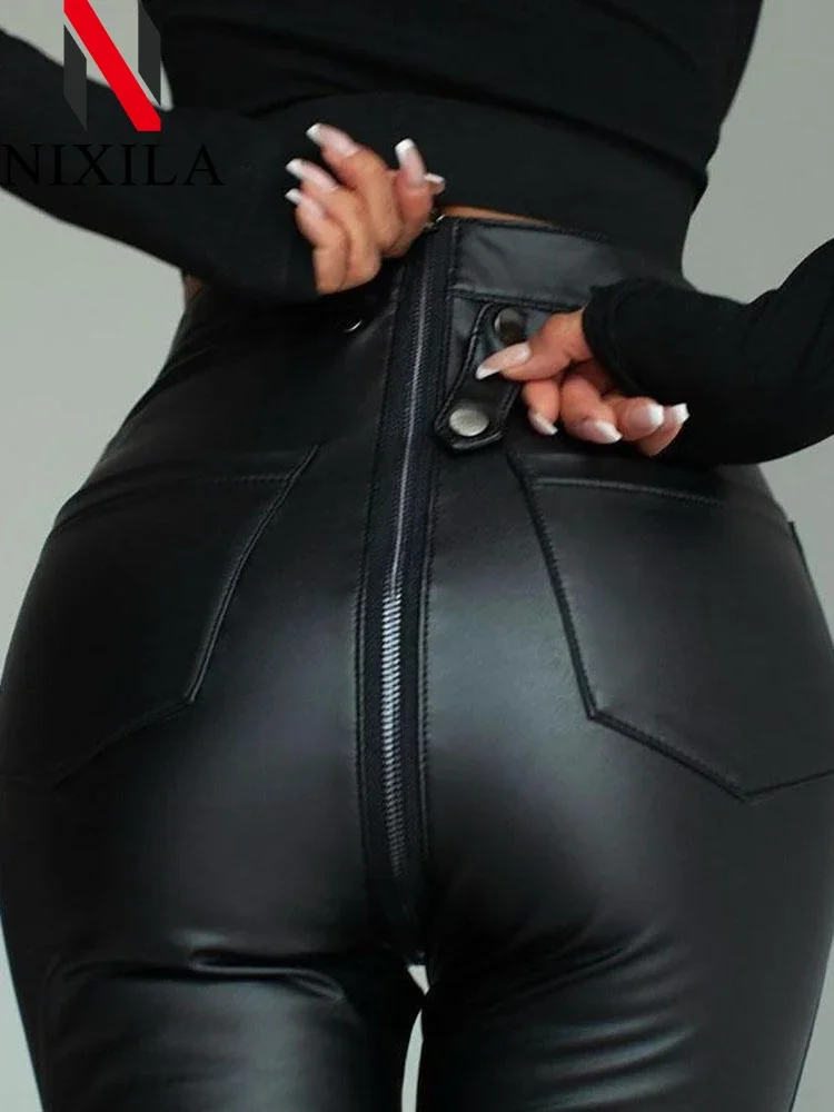 Брюки-карандаш женские из ПУ кожи с завышенной талией на молнии