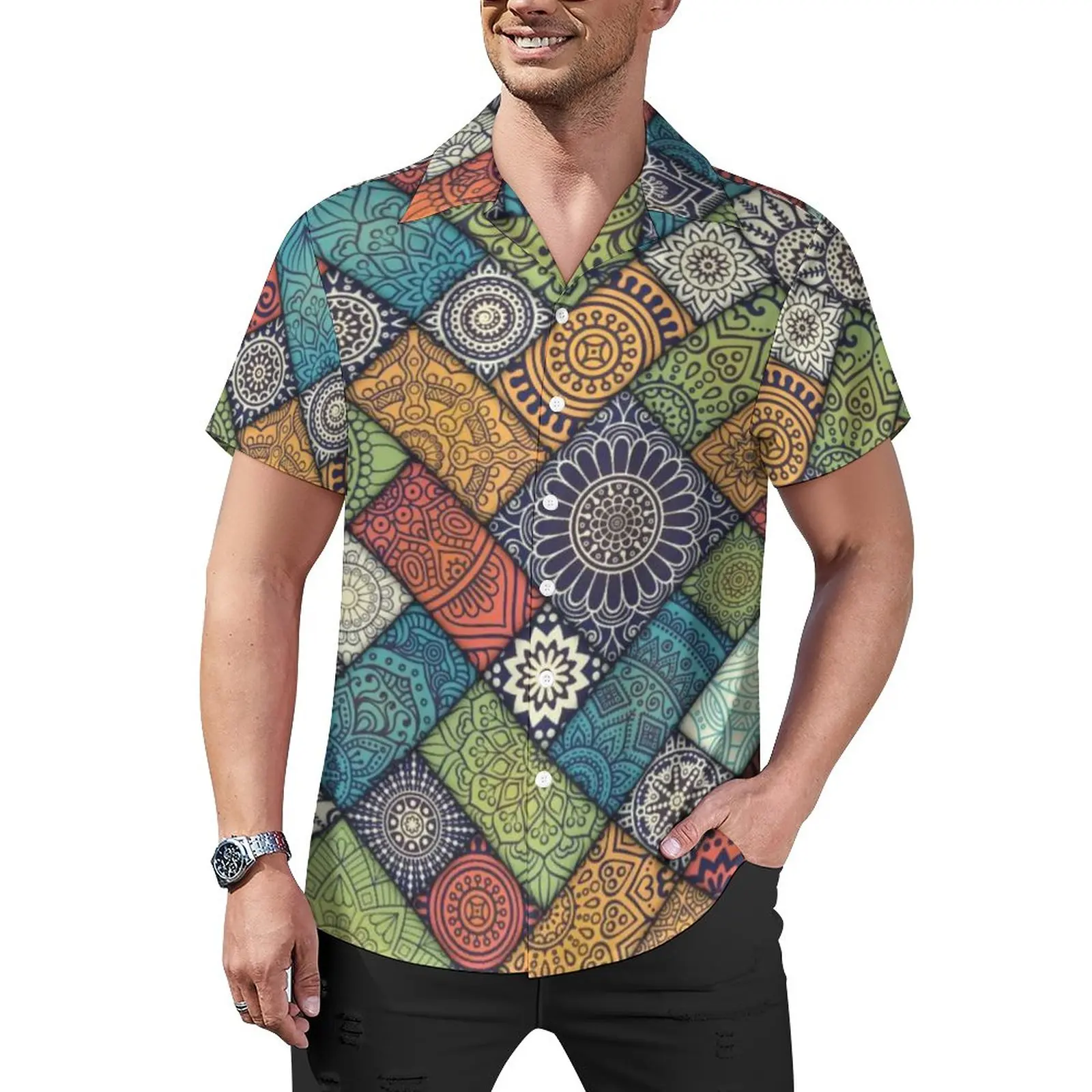 

Retro Mandala Casual Shirt Elegant Diagonal Floral Vacation Loose Shirt Hawaiian Cool Blouses Short Sleeve Graphic Oversize Tops