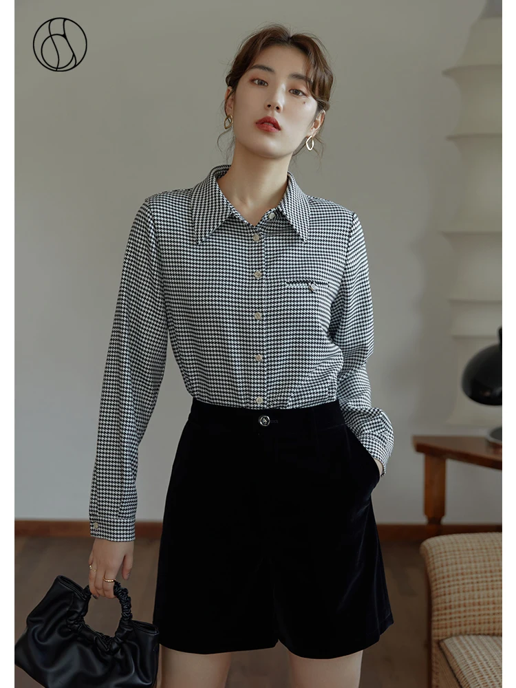 DUSHU Women's Winter Straight Houndstooth Design Shirt Pocket Decoration Casual All-match Blouses Women Thicken Commuter Shirts