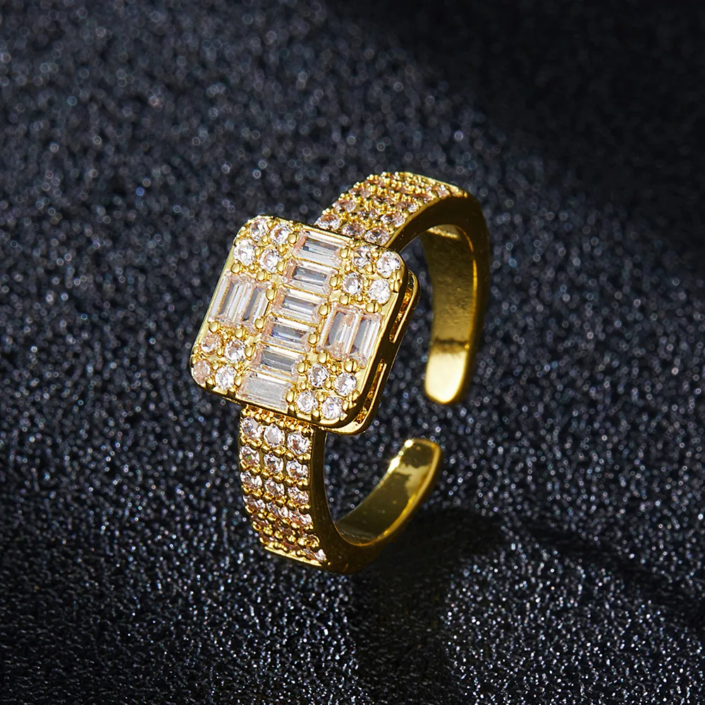 

Full Paved Bling Cubic Zirconia Cz Open Baguette Square Rings Gold Silver Color Iced Out Hip Hop Finger Ring Part Jewelry Men