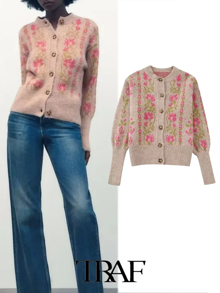 

Женский жаккардовый свитер с длинным рукавом, Повседневное трикотажное пальто с цветочным принтом, Осень-зима 2023