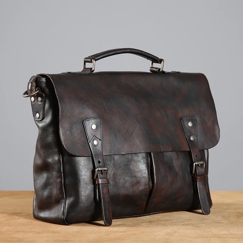 Fashion vintage natural genuine leather men briefcase business casual high quality luxury soft real cowhide laptop shoulder bag